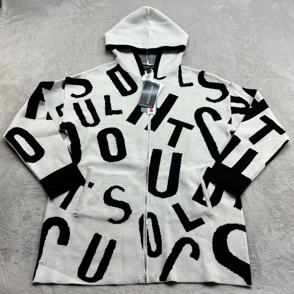 Frank Lyman Zip Hooded Cardigan Womens M White Black Alphabet Chic Avant Garde